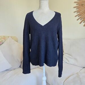 Vince Large Navy 100% Cashmere V-Neck Cable Knit Long Sleeve Luxury Sweater